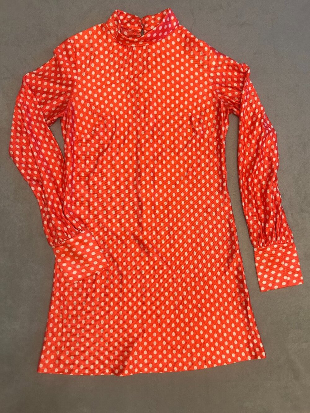 Handmade Retro Red White Polka Dot Mock Neck Mini Dress Tunic Long Sleeve Mod St